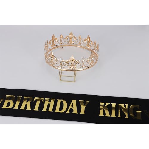 Noonhorse Birthday King Crown & Tiara Set with Sash – Gold with Black Rhinestones, Adjustable, 2 Pack