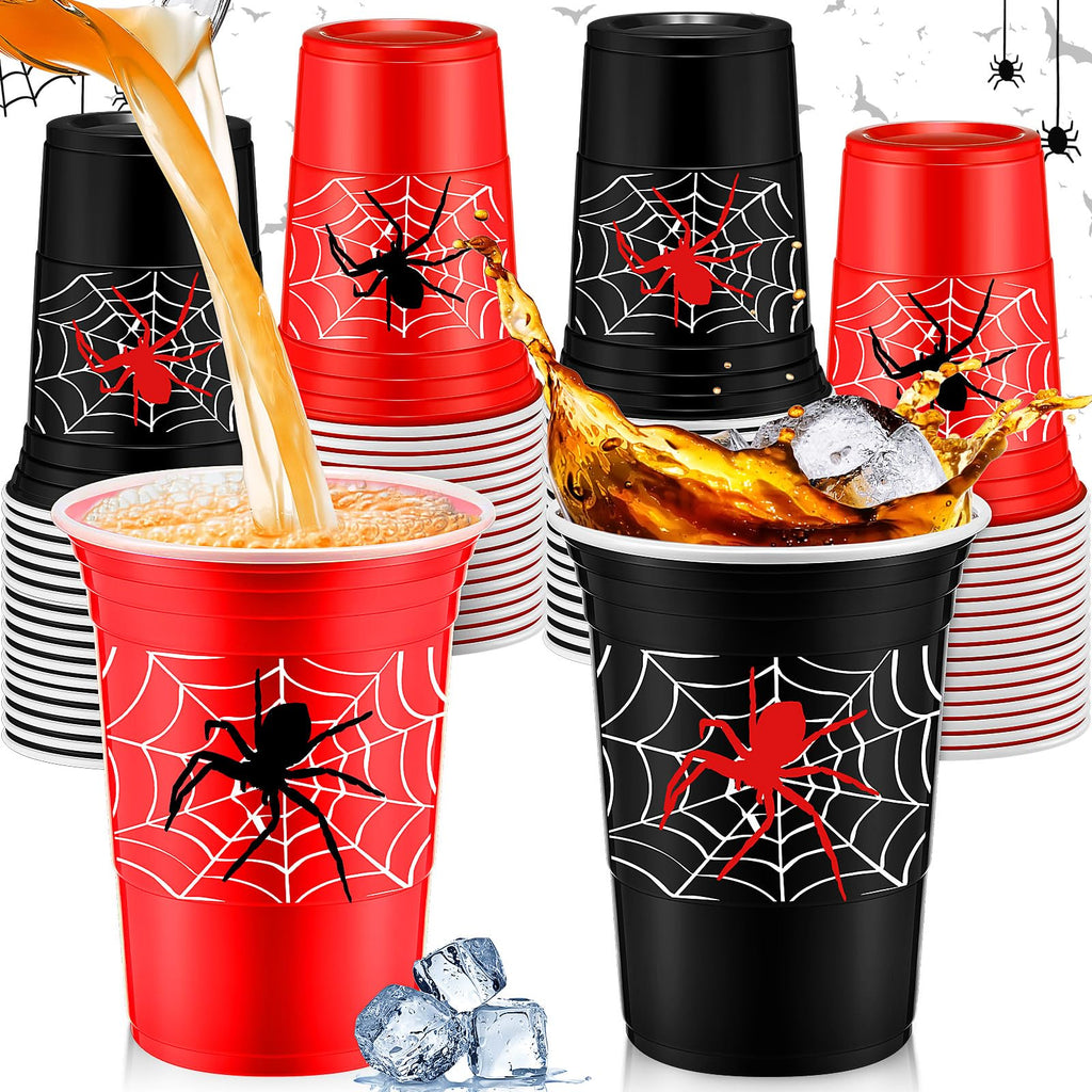 Norme 48-Pack Spider Web Party Cups - 16 oz Disposable Cups for Birthday Parties, Black and Red