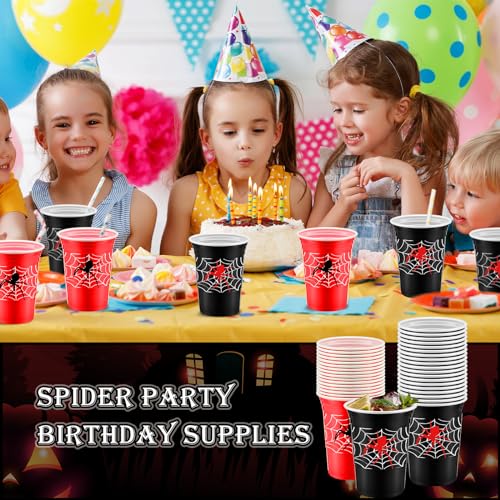 Norme 48-Pack Spider Web Party Cups - 16 oz Disposable Cups for Birthday Parties, Black and Red