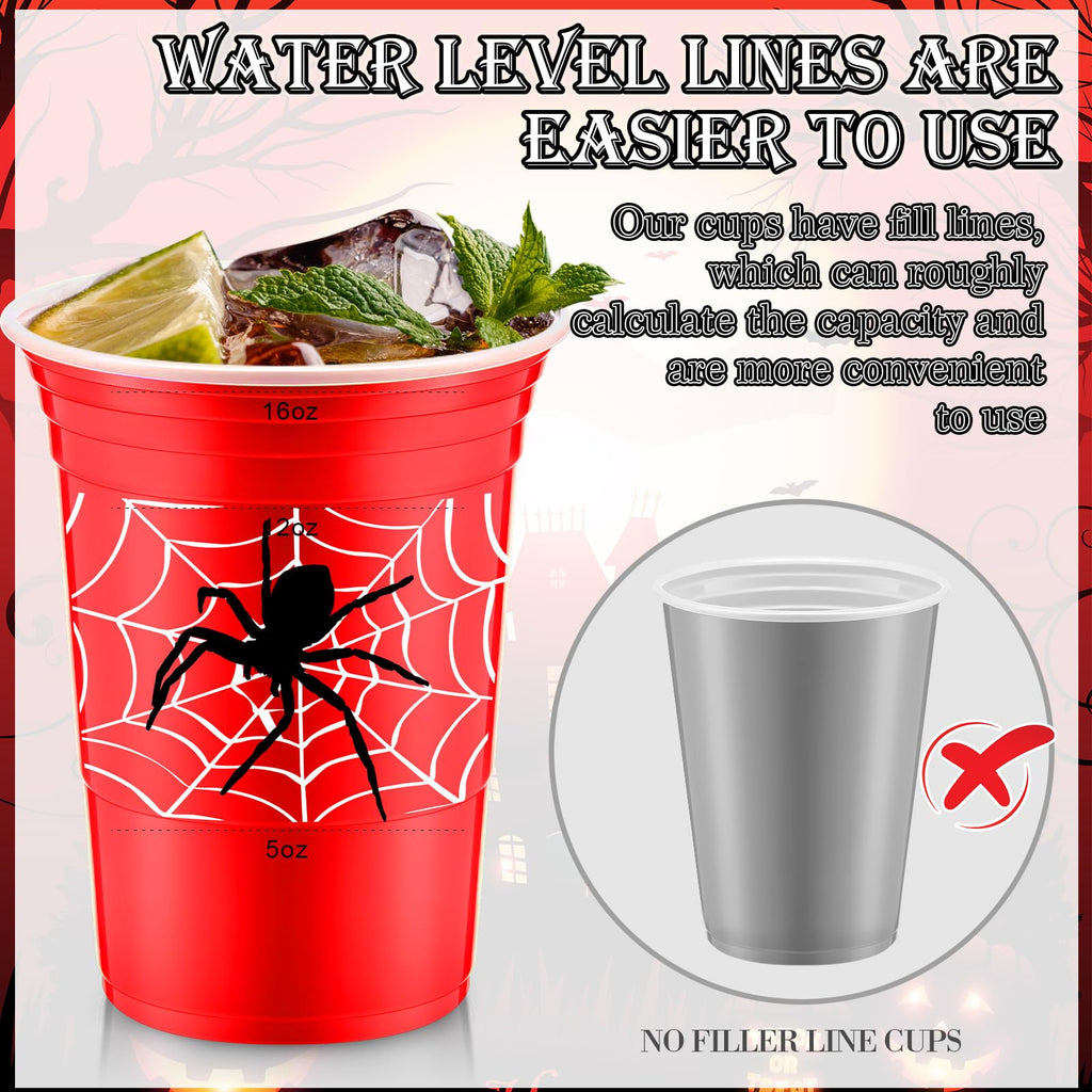 Norme 48-Pack Spider Web Party Cups - 16 oz Disposable Cups for Birthday Parties, Black and Red