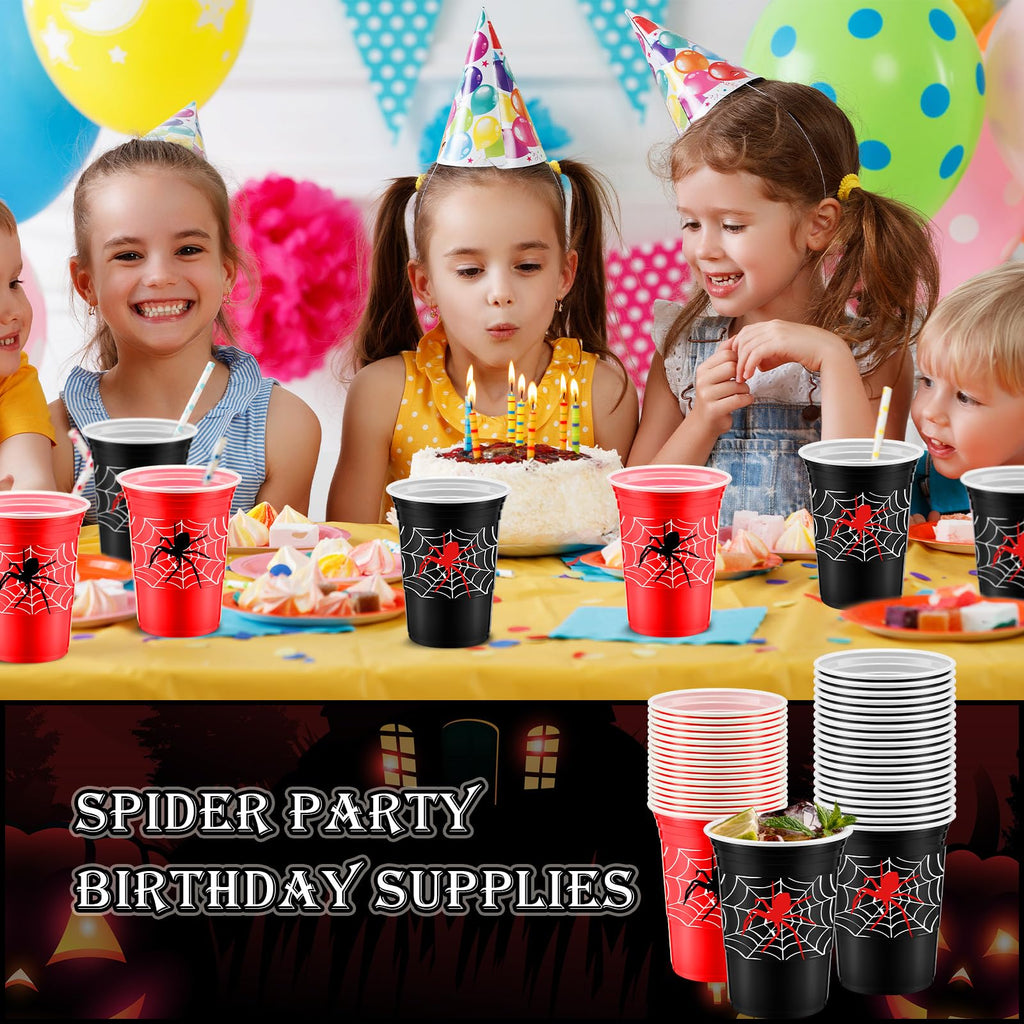 Norme 48-Pack Spider Web Party Cups - 16 oz Disposable Cups for Birthday Parties, Black and Red