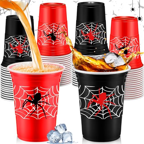Norme 48-Pack Spider Web Party Cups - 16 oz Disposable Cups for Birthday Parties, Black and Red