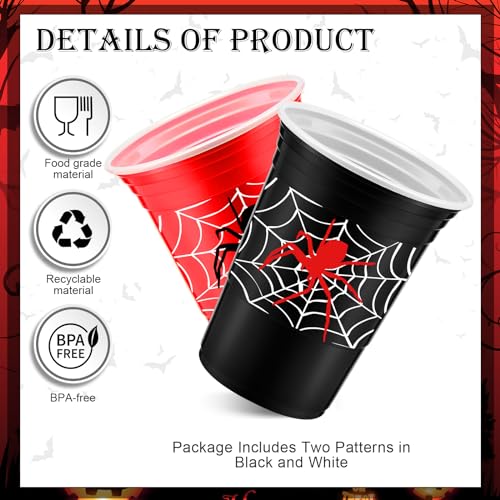 Norme 48-Pack Spider Web Party Cups - 16 oz Disposable Cups for Birthday Parties, Black and Red
