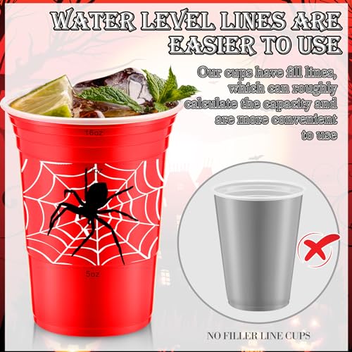 Norme 48-Pack Spider Web Party Cups - 16 oz Disposable Cups for Birthday Parties, Black and Red