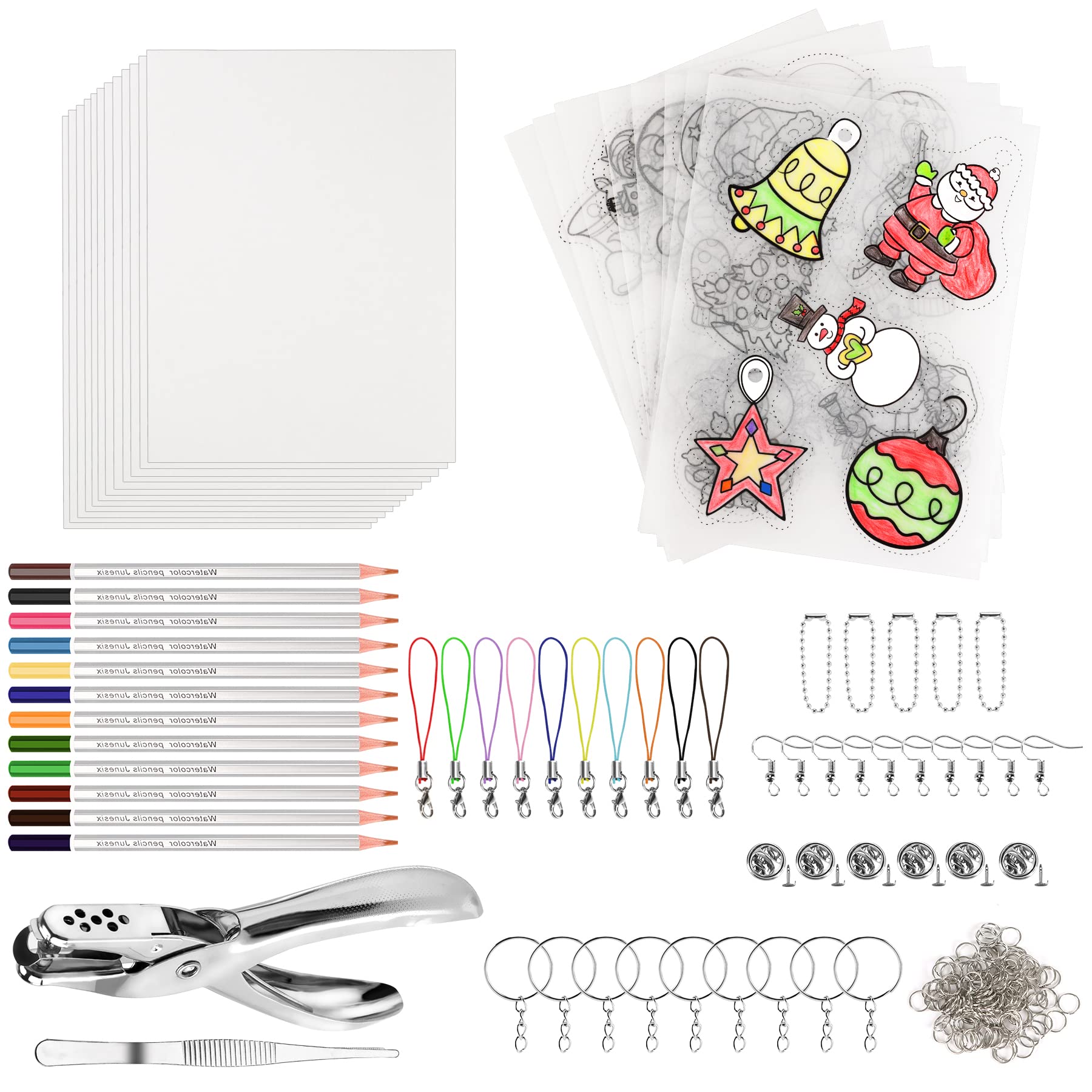 NOVWANG 198-Piece Heat Shrink Plastic Sheet Kit with 28 Shrinky Papers, Hole Punch, Keychain Accessories, and Colored Pencils