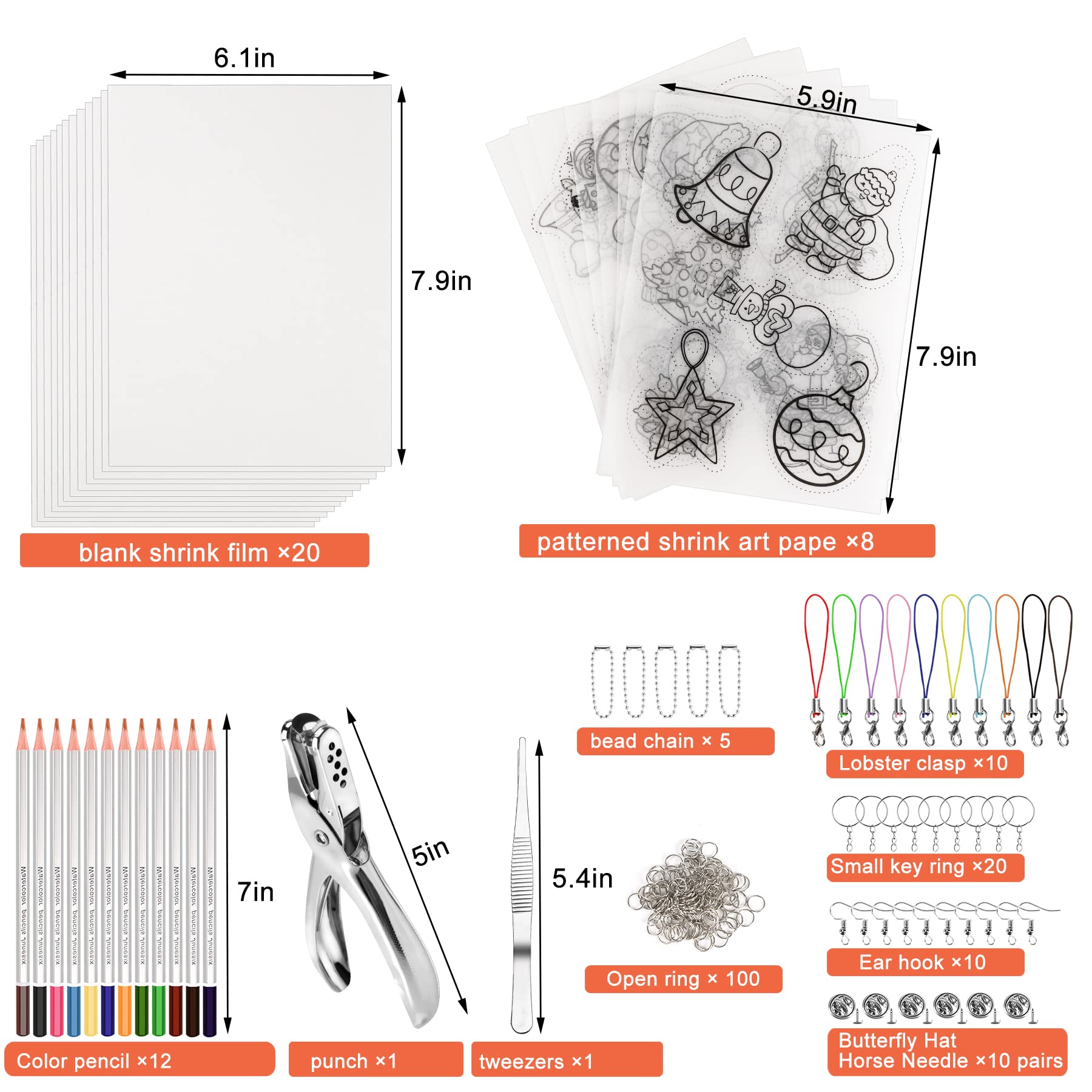 NOVWANG 198-Piece Heat Shrink Plastic Sheet Kit with 28 Shrinky Papers, Hole Punch, Keychain Accessories, and Colored Pencils