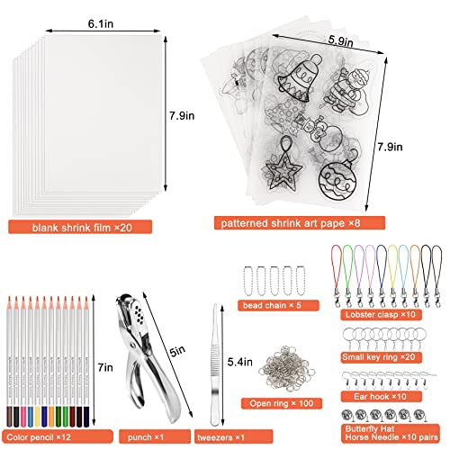 NOVWANG 198-Piece Heat Shrink Plastic Sheet Kit with 28 Shrinky Papers, Hole Punch, Keychain Accessories, and Colored Pencils