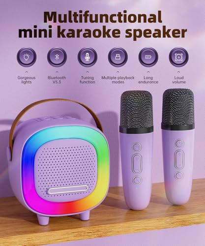NTEEWAHY Mini Karaoke Machine with Bluetooth 5.3, 1 Wireless Mic, Purple, Portable Speaker for Kids Ages 4-12+
