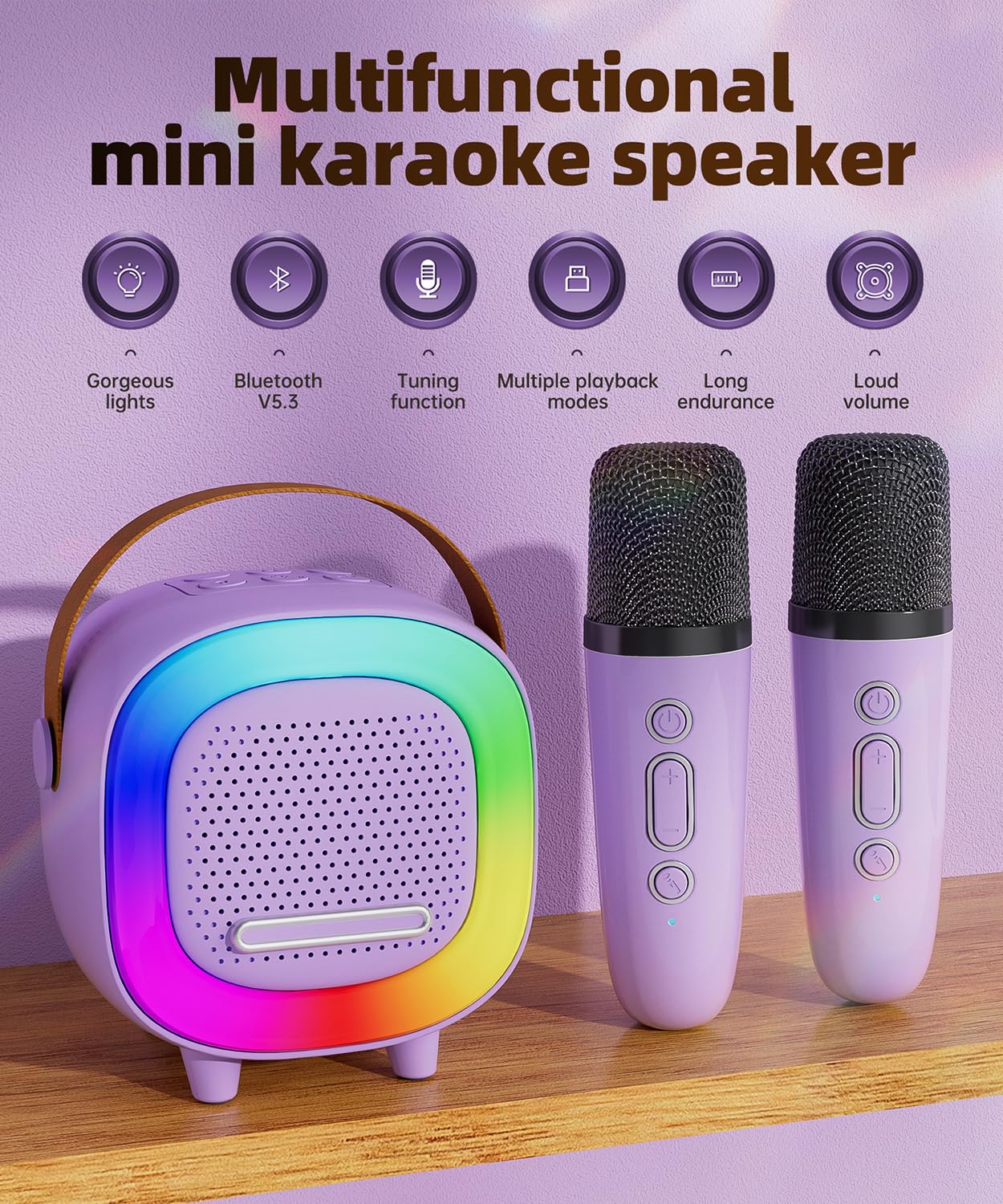NTEEWAHY Mini Karaoke Machine with Bluetooth 5.3, 1 Wireless Mic, Purple, Portable Speaker for Kids Ages 4-12+