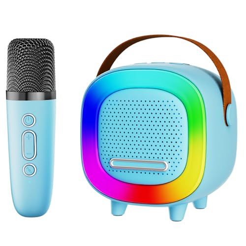 NTEEWAHY Mini Karaoke Machine with Wireless Microphone, Bluetooth 5.3 Speaker for Kids & Adults, Portable with Colorful Lights & 5 Voice Effects, Blue
