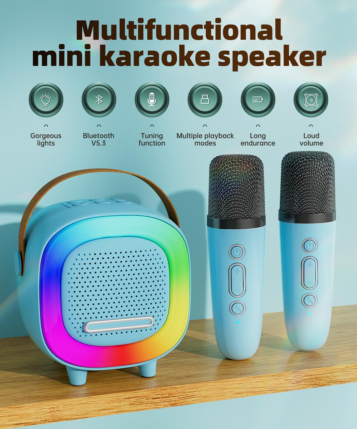 NTEEWAHY Mini Karaoke Machine with Wireless Microphone, Bluetooth 5.3 Speaker for Kids & Adults, Portable with Colorful Lights & 5 Voice Effects, Blue