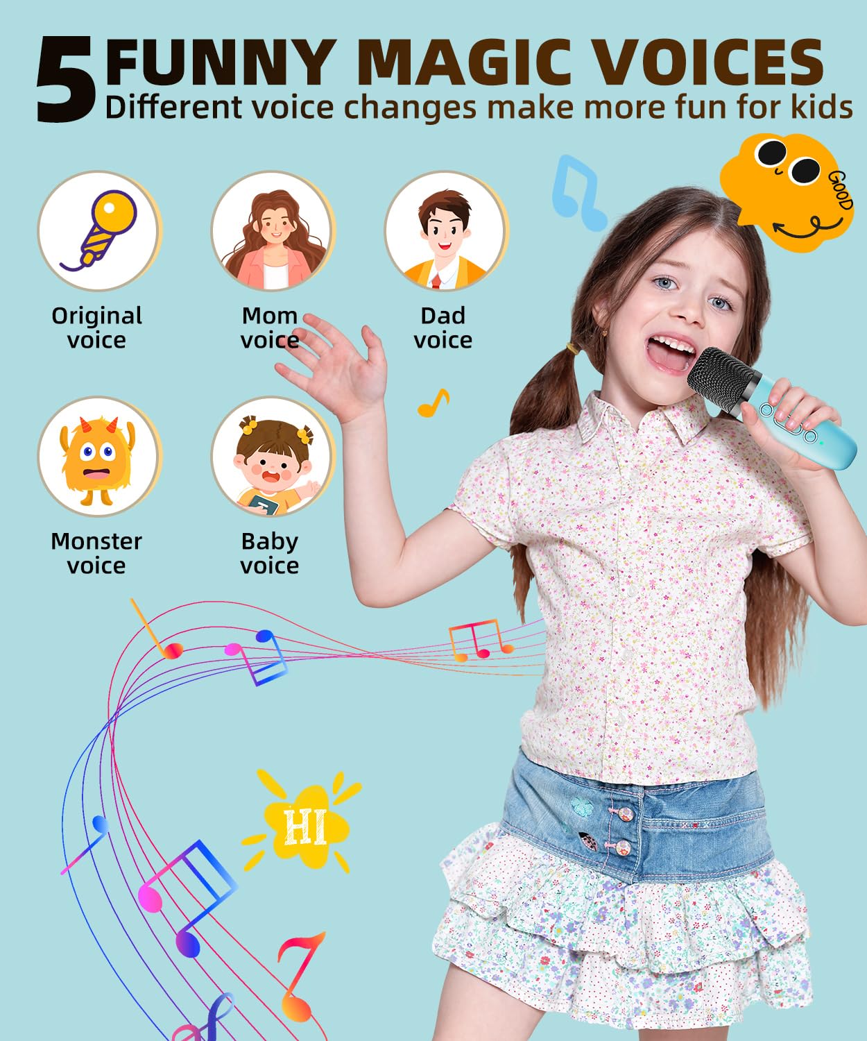 NTEEWAHY Mini Karaoke Machine with Wireless Microphone, Bluetooth 5.3 Speaker for Kids & Adults, Portable with Colorful Lights & 5 Voice Effects, Blue