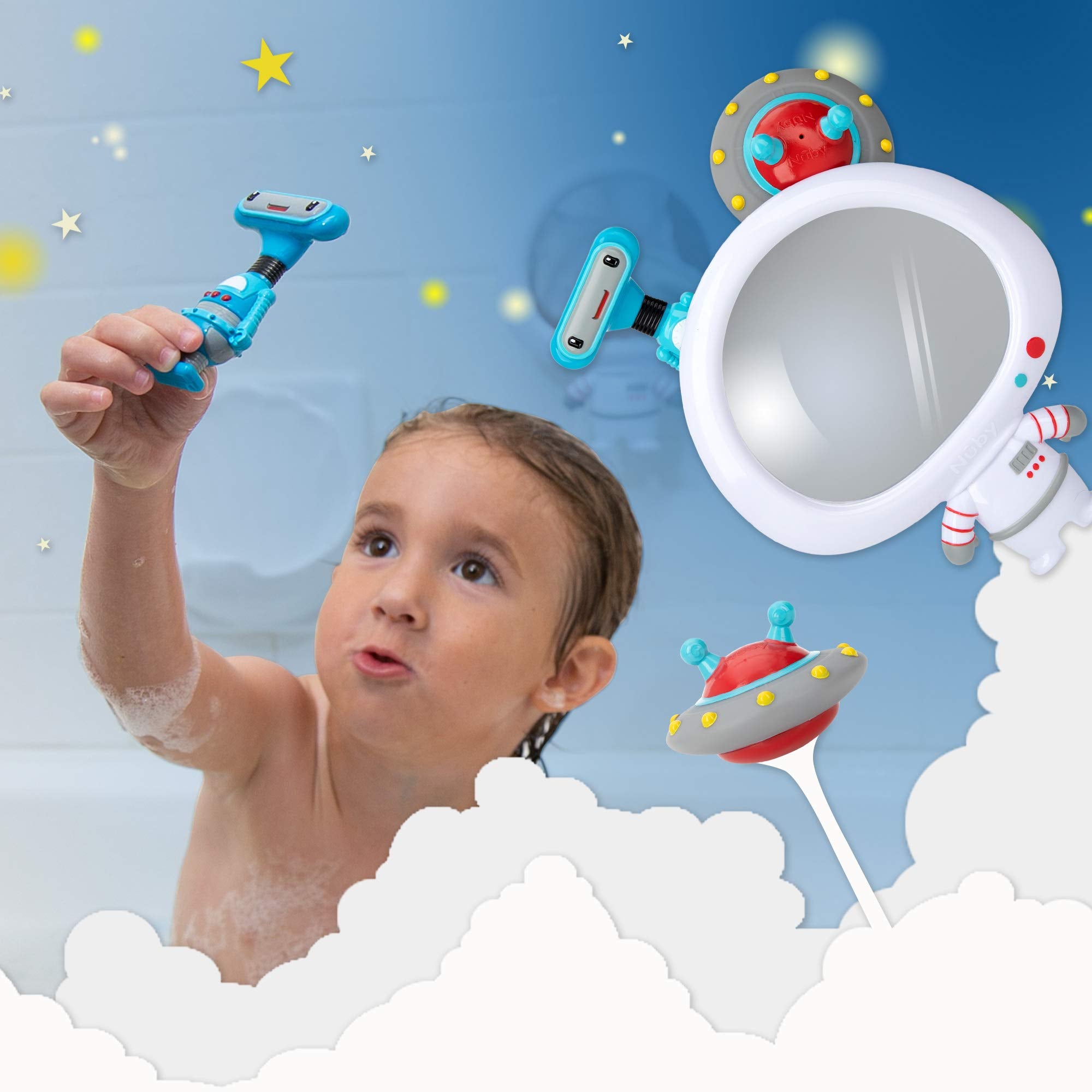 Nuby Astronaut Mirror Bath Toy Set – 3-Piece Interactive Baby Bathtub Toy for Toddlers 3+