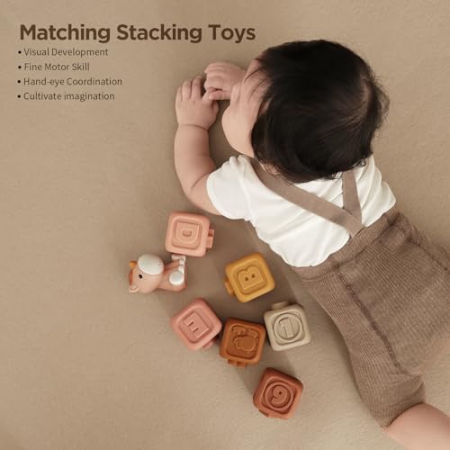 Nueplay 7-Piece Soft Unicorn Building Blocks for Baby Girls 6-12 Months - Montessori Sensory Stacking Toy with Embossed Patterns
