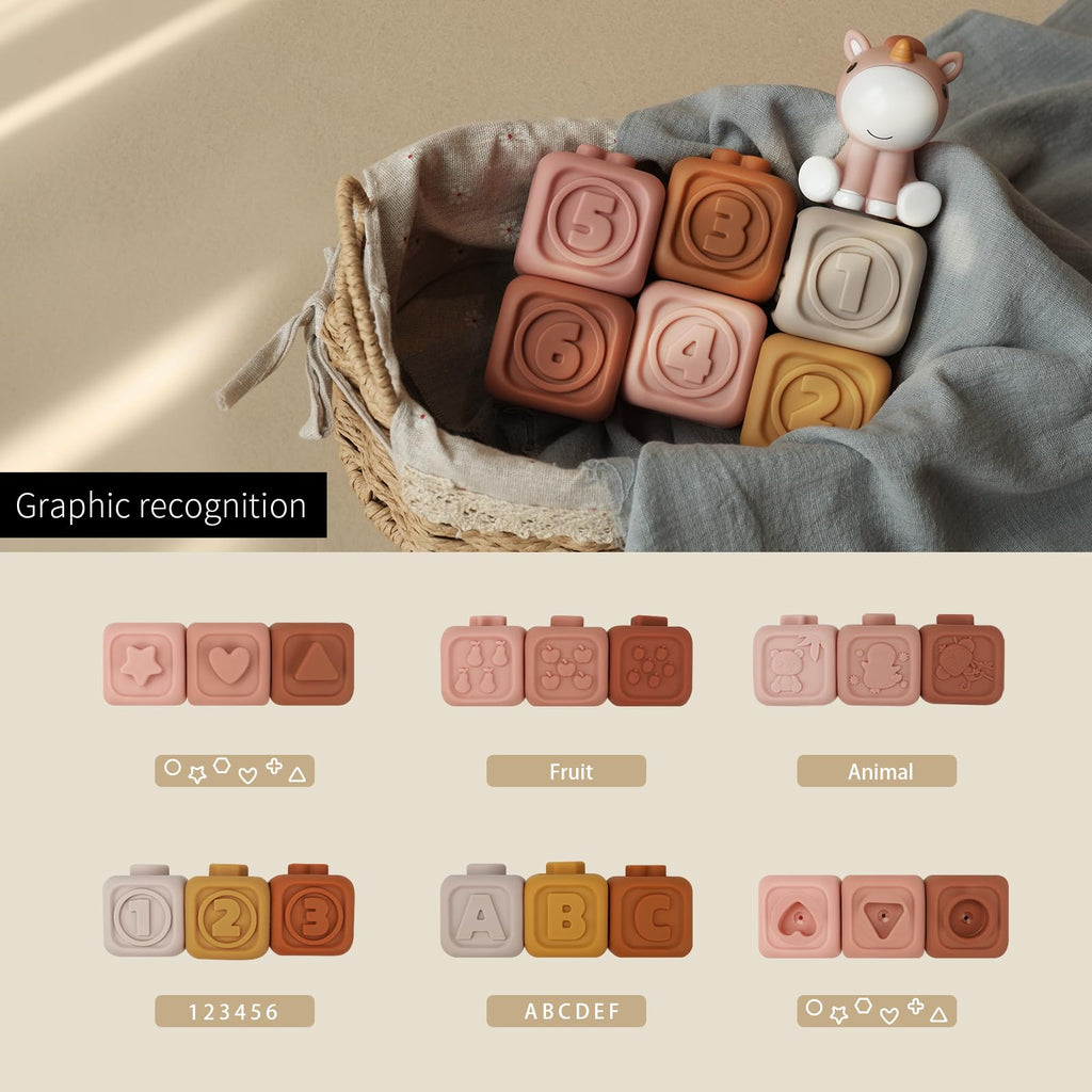 Nueplay 7-Piece Soft Unicorn Building Blocks for Baby Girls 6-12 Months - Montessori Sensory Stacking Toy with Embossed Patterns