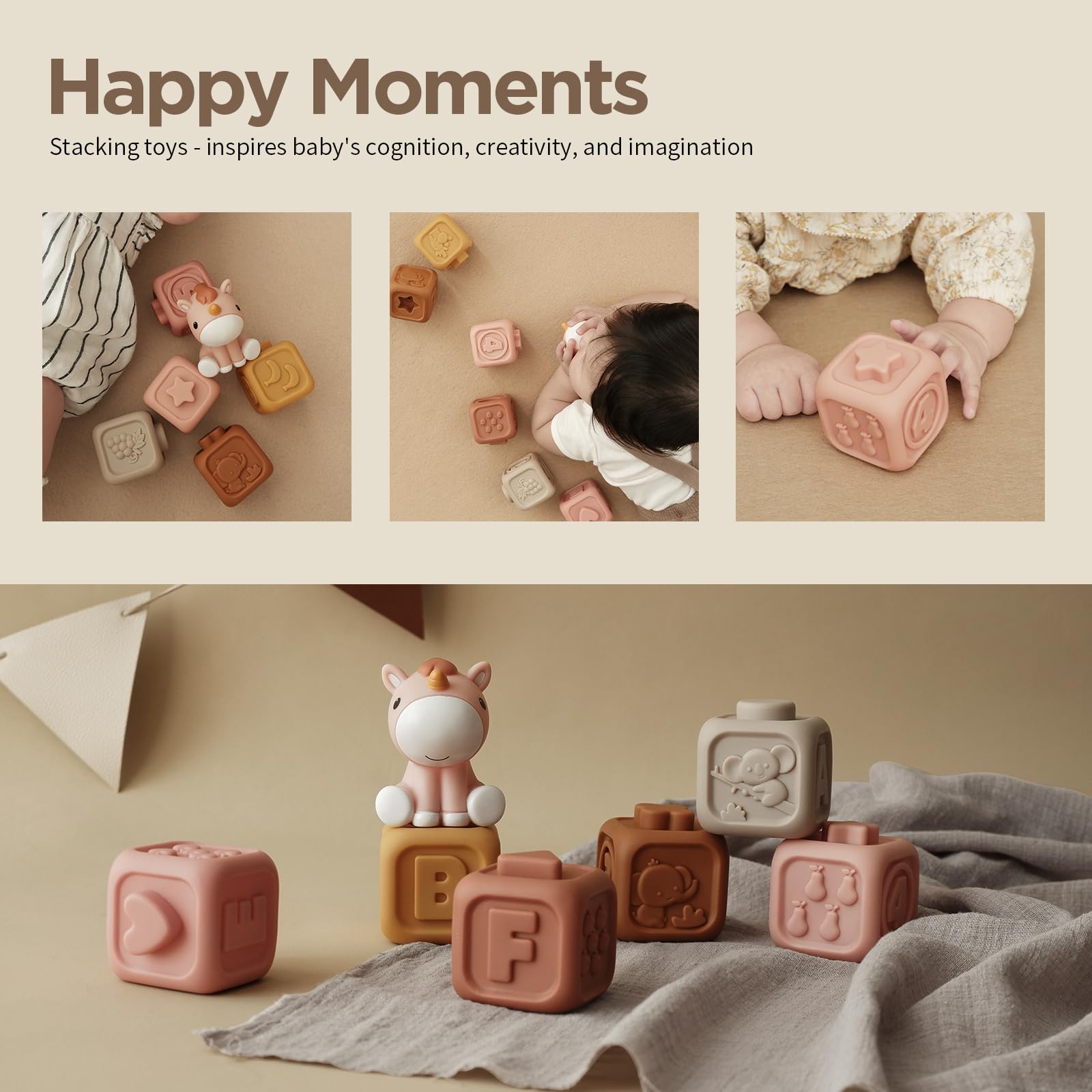 Nueplay 7-Piece Soft Unicorn Building Blocks for Baby Girls 6-12 Months - Montessori Sensory Stacking Toy with Embossed Patterns