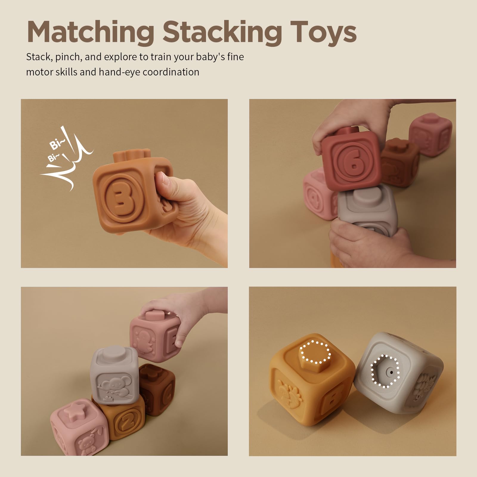 Nueplay 7-Piece Soft Unicorn Building Blocks for Baby Girls 6-12 Months - Montessori Sensory Stacking Toy with Embossed Patterns