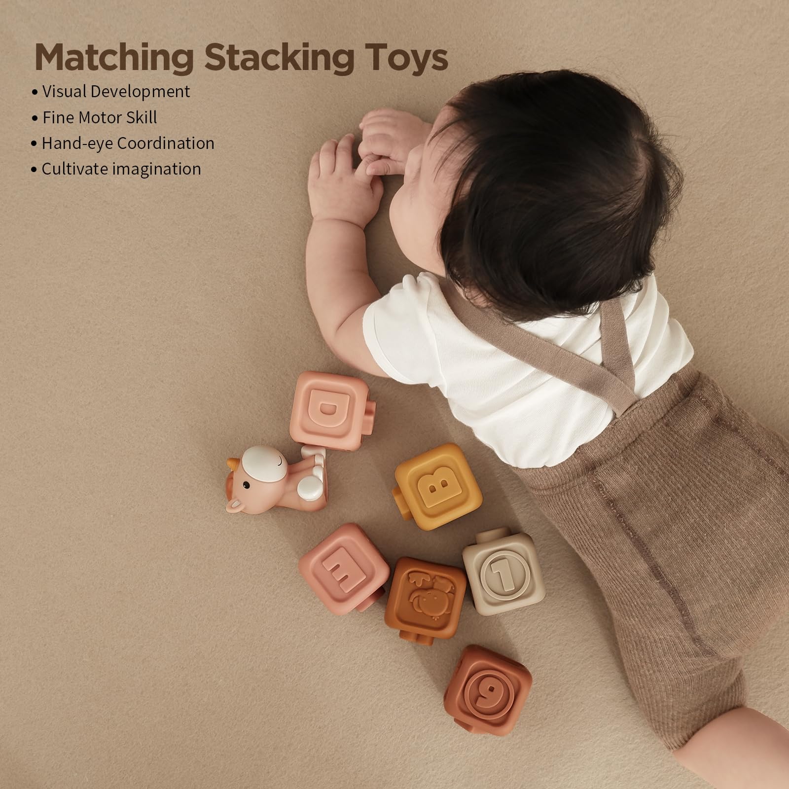 Nueplay 7-Piece Soft Unicorn Building Blocks for Baby Girls 6-12 Months - Montessori Sensory Stacking Toy with Embossed Patterns