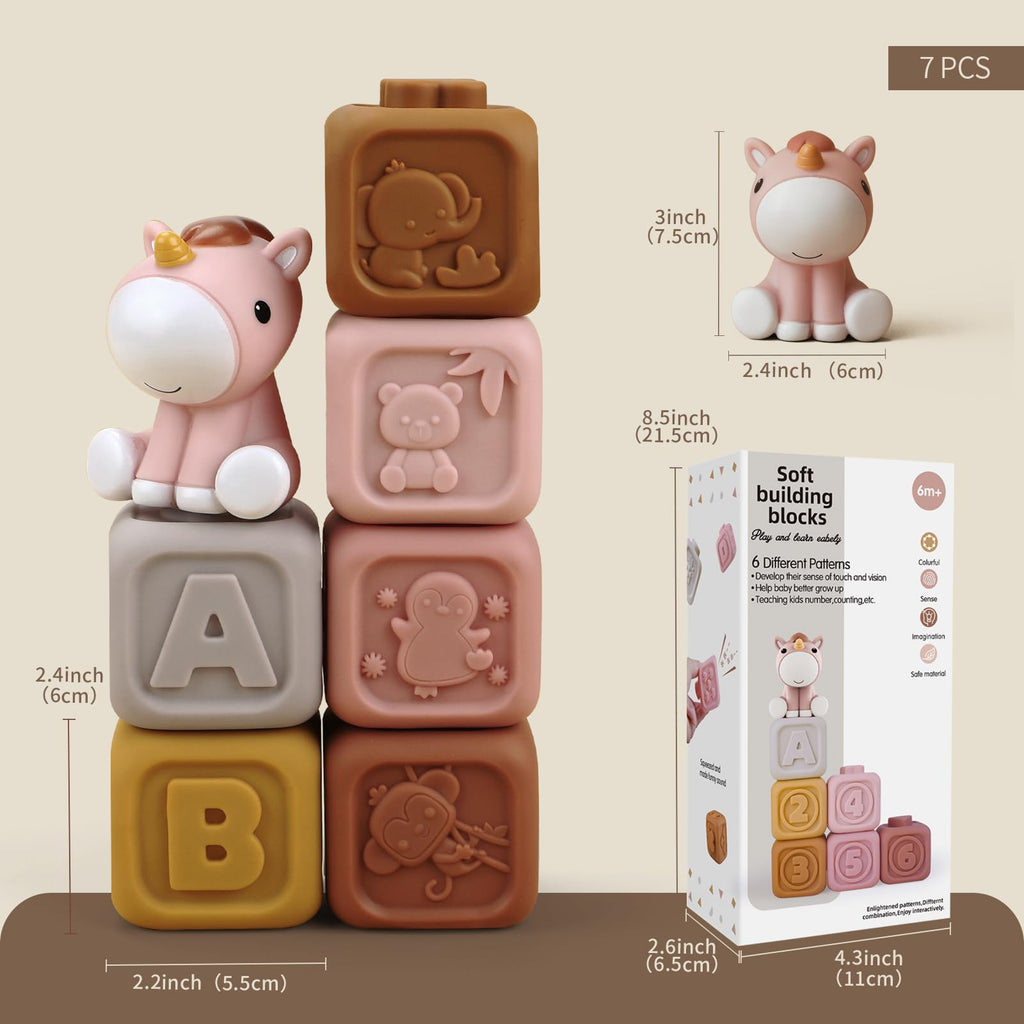 Nueplay 7-Piece Soft Unicorn Building Blocks for Baby Girls 6-12 Months - Montessori Sensory Stacking Toy with Embossed Patterns