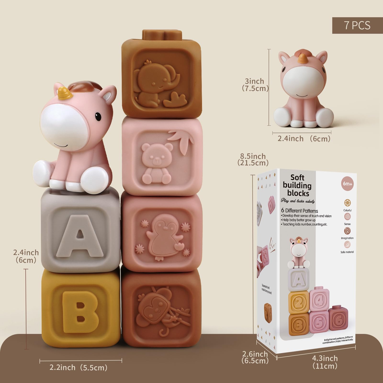Nueplay 7-Piece Soft Unicorn Building Blocks for Baby Girls 6-12 Months - Montessori Sensory Stacking Toy with Embossed Patterns