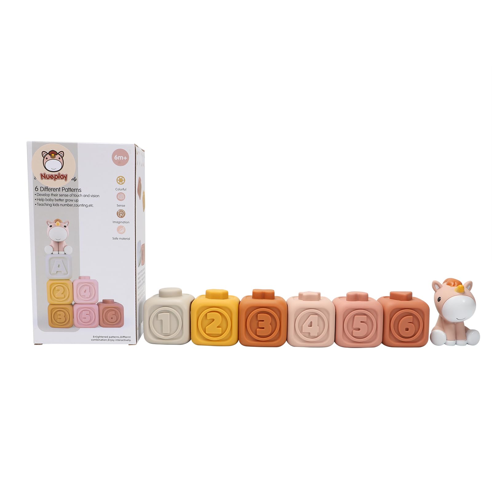 Nueplay 7-Piece Soft Unicorn Building Blocks for Baby Girls 6-12 Months - Montessori Sensory Stacking Toy with Embossed Patterns