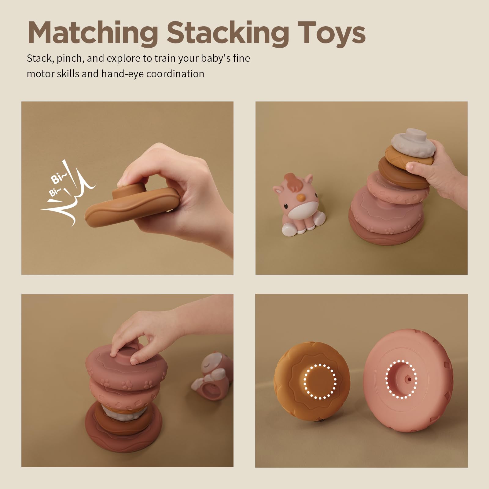 Nueplay Stacking Rings for Baby Girls – 6 Textured Sensory Rings with Unicorn Topper, Squeaky Stacker Toy, Pastel Colors, Gift for 1 Year Old