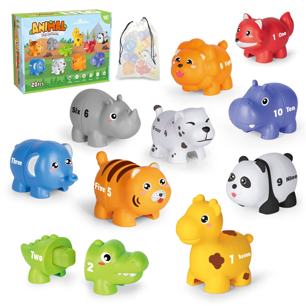 Number Matching Game for Toddlers 2-4, 20 Pieces with 10 Animal Figures, Double-Sided Numbers & Words, Montessori Toy
