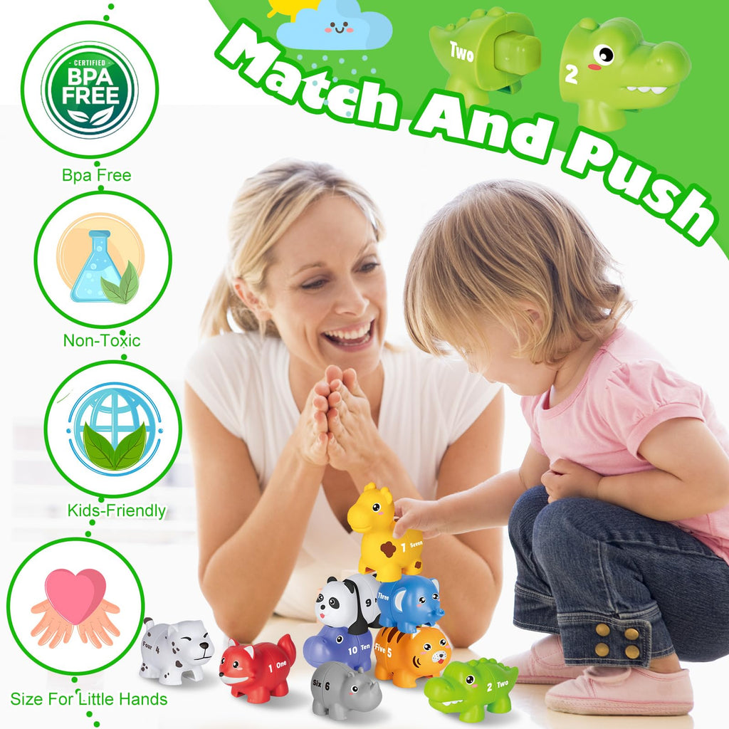 Number Matching Game for Toddlers 2-4, 20 Pieces with 10 Animal Figures, Double-Sided Numbers & Words, Montessori Toy