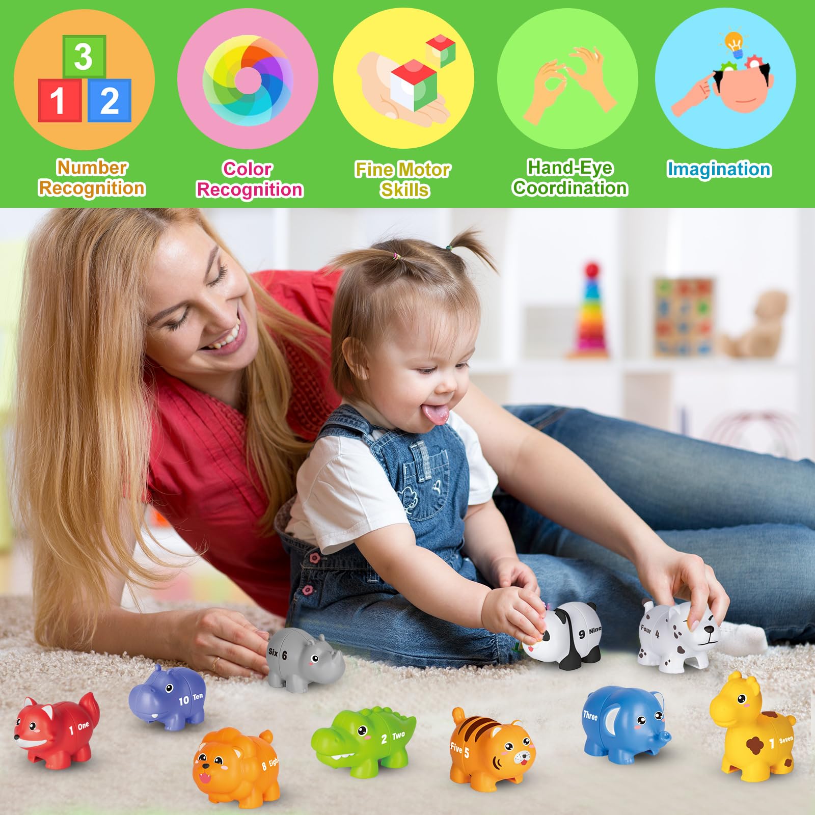 Number Matching Game for Toddlers 2-4, 20 Pieces with 10 Animal Figures, Double-Sided Numbers & Words, Montessori Toy