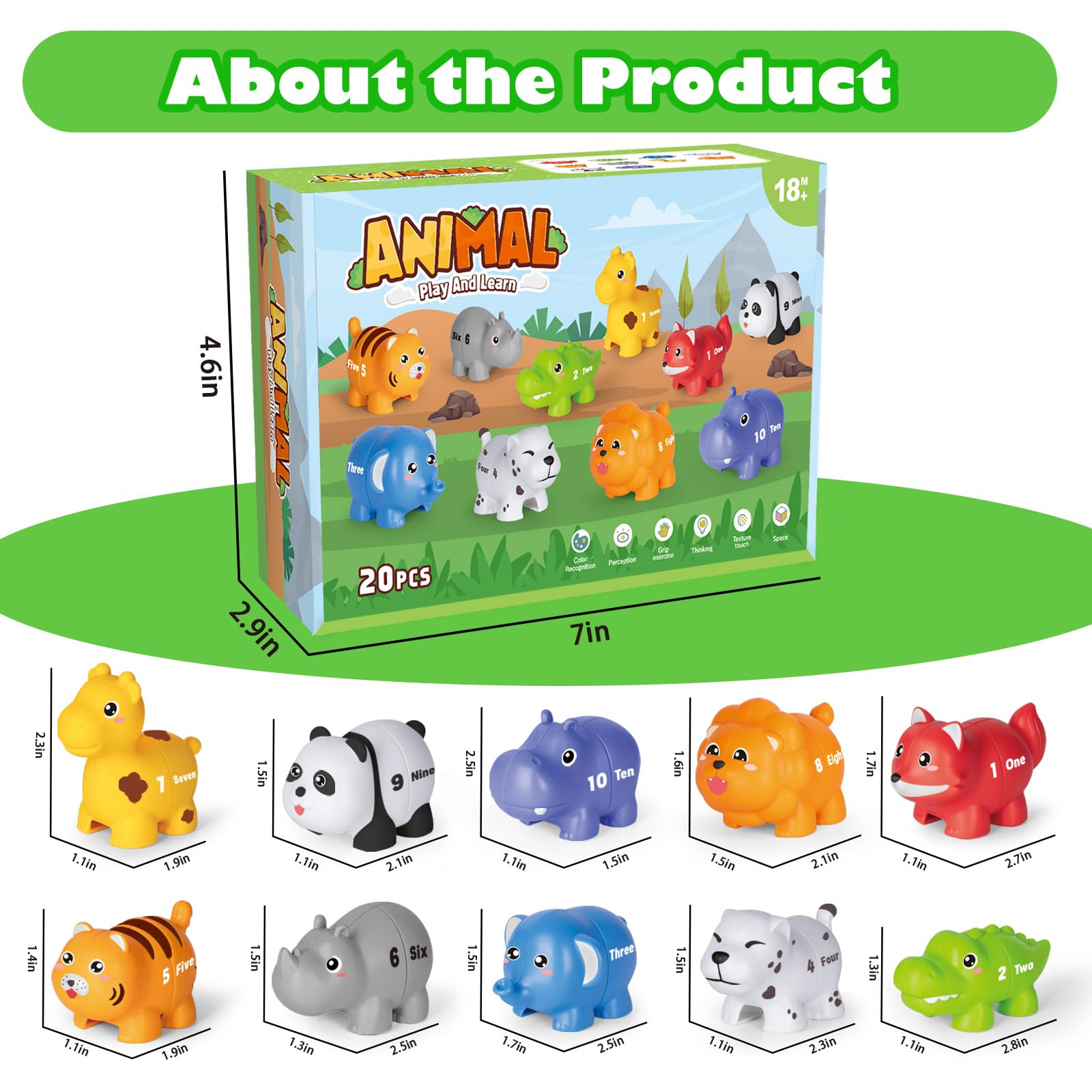 Number Matching Game for Toddlers 2-4, 20 Pieces with 10 Animal Figures, Double-Sided Numbers & Words, Montessori Toy
