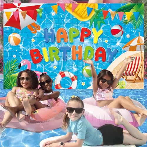 NUTTYBASH Pool Party Birthday Decorations - 72x44 Inch Backdrop Banner for Summer Hawaiian Theme Parties