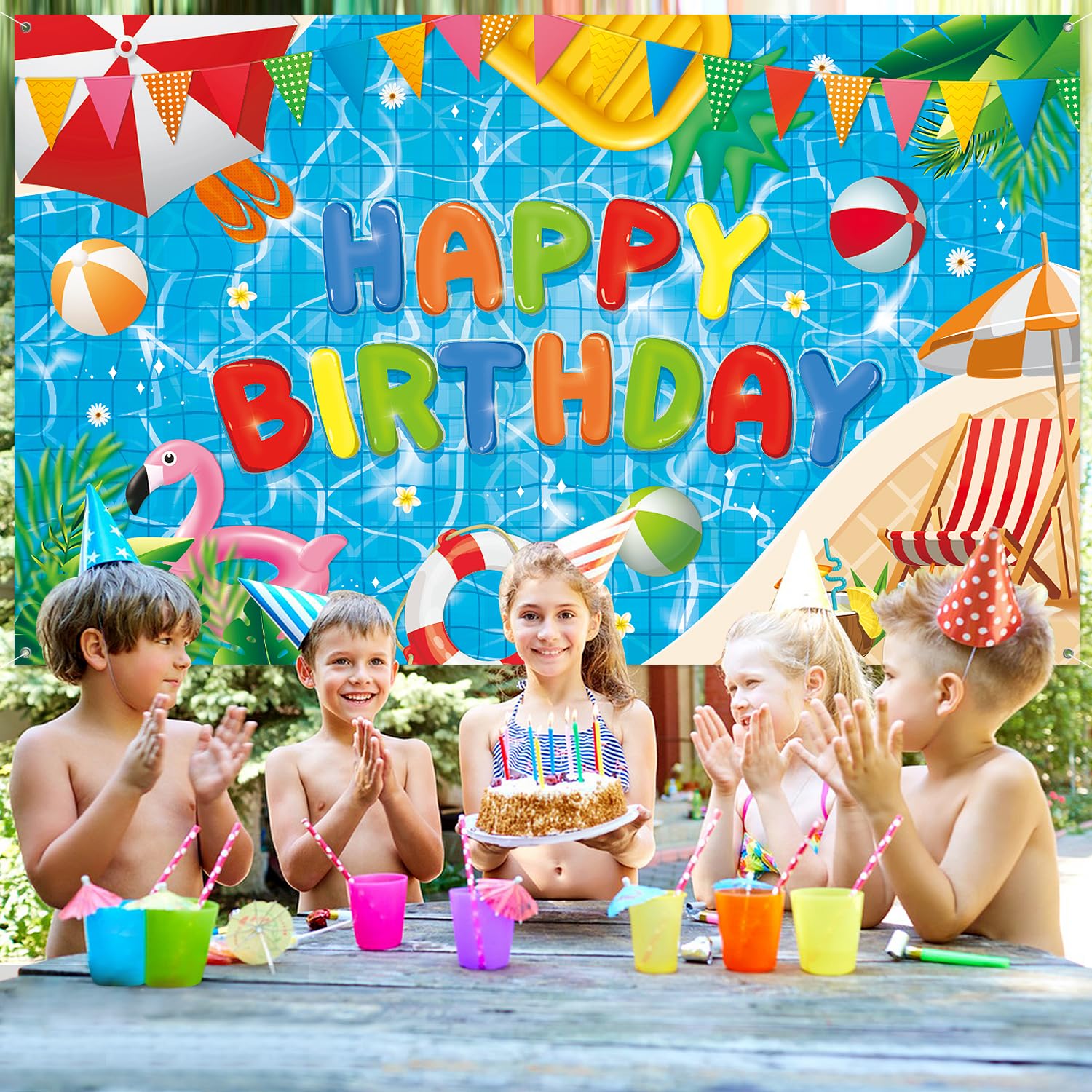 NUTTYBASH Pool Party Birthday Decorations - 72x44 Inch Backdrop Banner for Summer Hawaiian Theme Parties