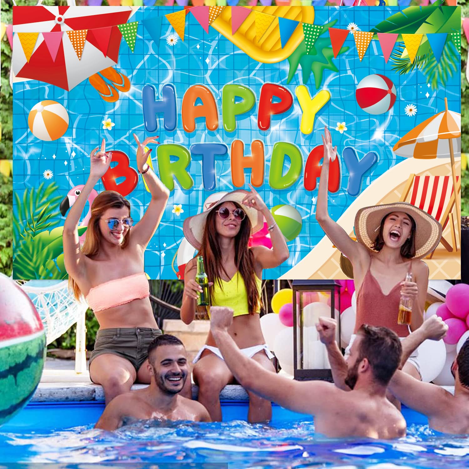 NUTTYBASH Pool Party Birthday Decorations - 72x44 Inch Backdrop Banner for Summer Hawaiian Theme Parties