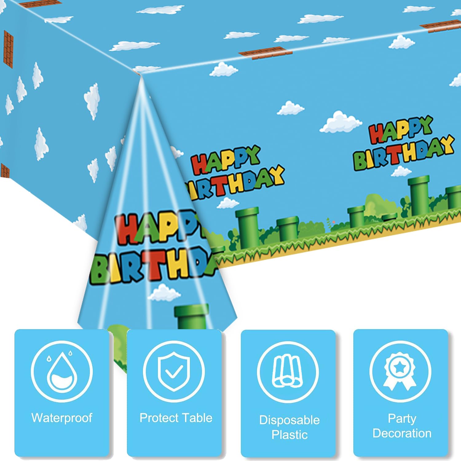 Nyhpar 3-Pack Video Game Tablecloths – Plastic Disposable Table Cover for Game Theme Birthday Party Decorations, 86.6 x 51.2 in