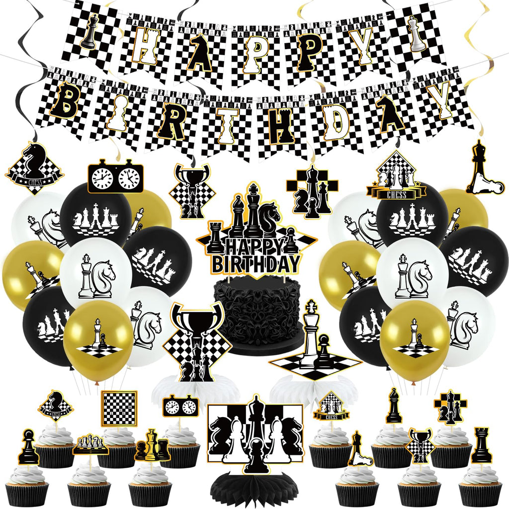 Obussgar Chess Birthday Party Decoration Set – 41 Pieces Including Banner, Balloons, Cake Toppers & More