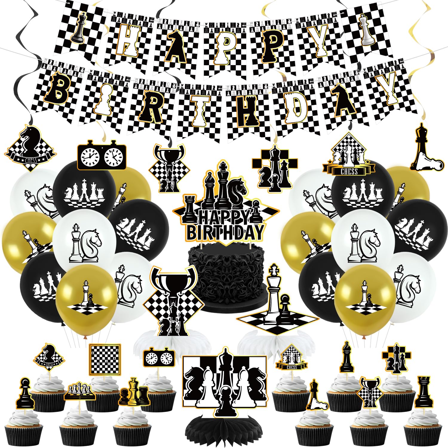 Obussgar Chess Birthday Party Decoration Set – 41 Pieces Including Banner, Balloons, Cake Toppers & More