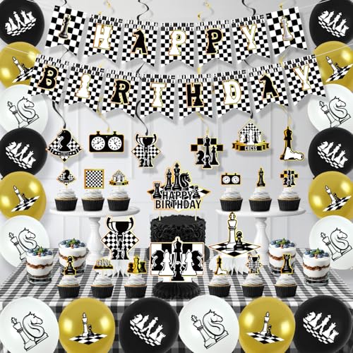 Obussgar Chess Birthday Party Decoration Set – 41 Pieces Including Banner, Balloons, Cake Toppers & More