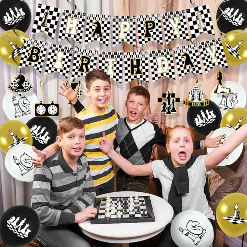 Obussgar Chess Birthday Party Decoration Set – 41 Pieces Including Banner, Balloons, Cake Toppers & More