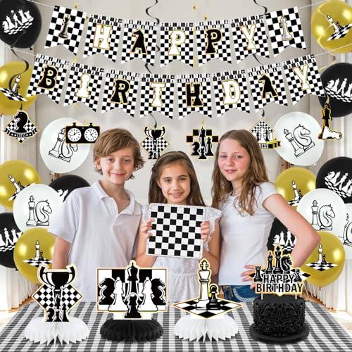 Obussgar Chess Birthday Party Decoration Set – 41 Pieces Including Banner, Balloons, Cake Toppers & More