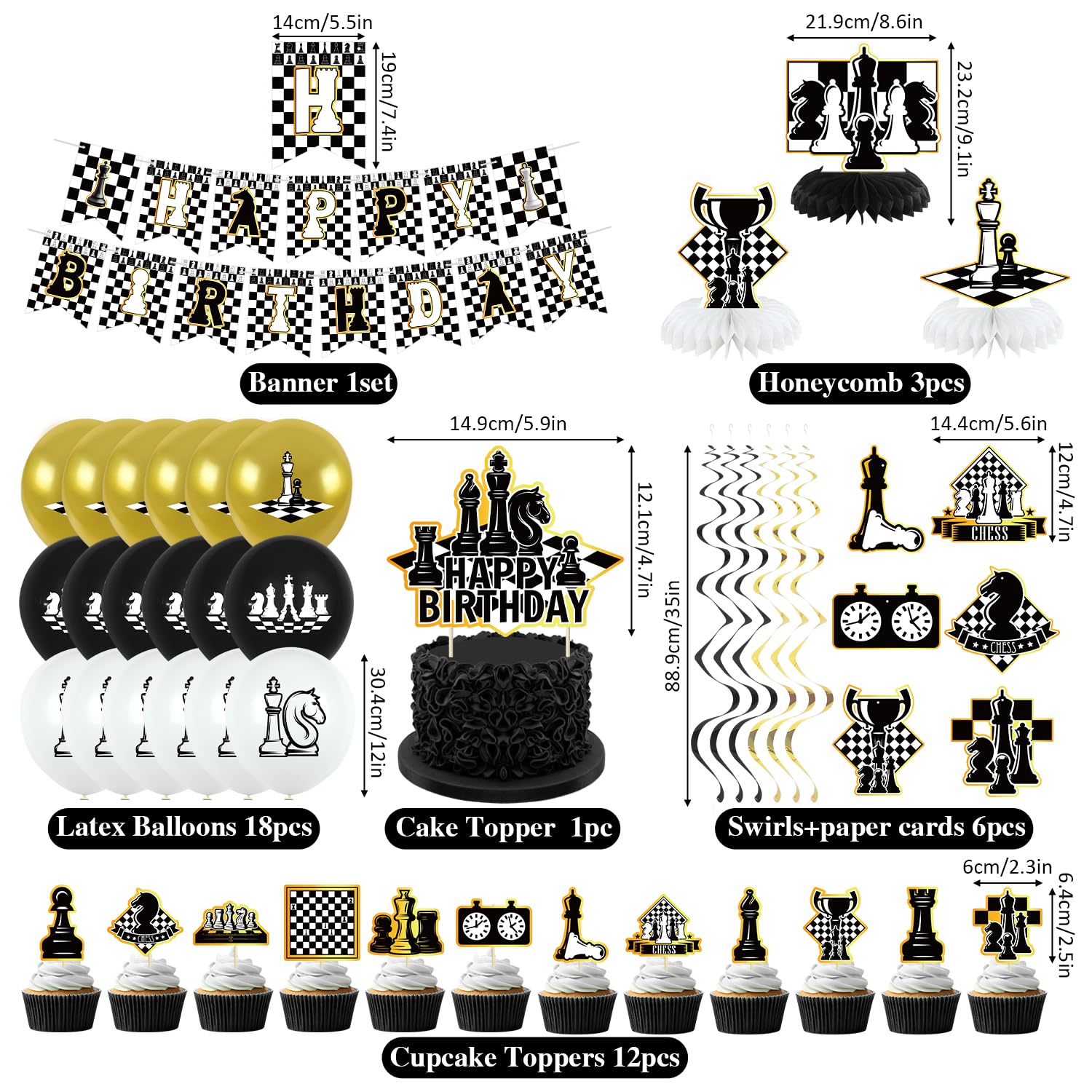 Obussgar Chess Birthday Party Decoration Set – 41 Pieces Including Banner, Balloons, Cake Toppers & More