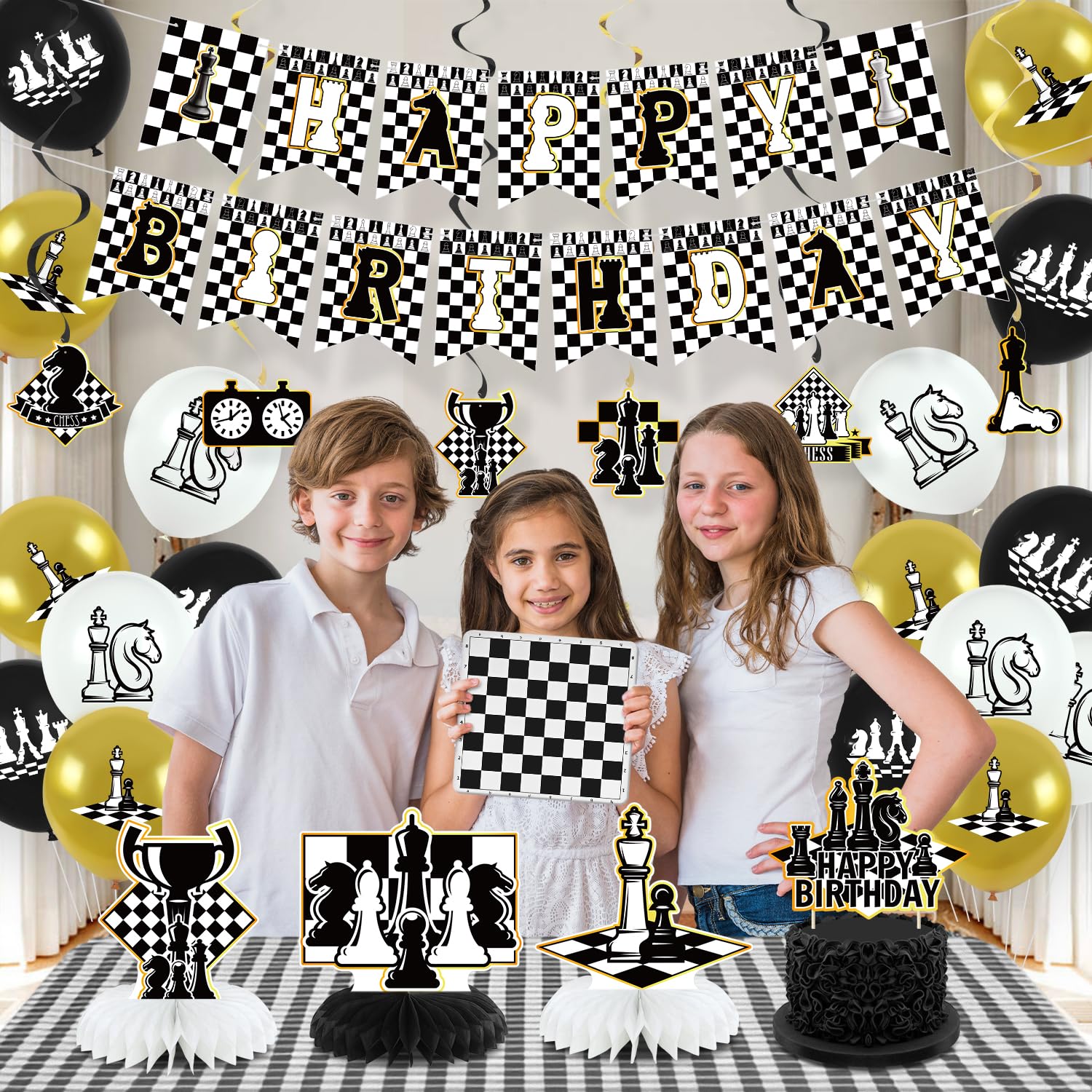 Obussgar Chess Birthday Party Decoration Set – 41 Pieces Including Banner, Balloons, Cake Toppers & More