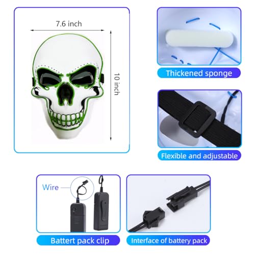 OceanWings Halloween LED Light-Up Mask - Blue Glowing Scary Skull Mask with 4 Modes, Adjustable Strap, for Parties