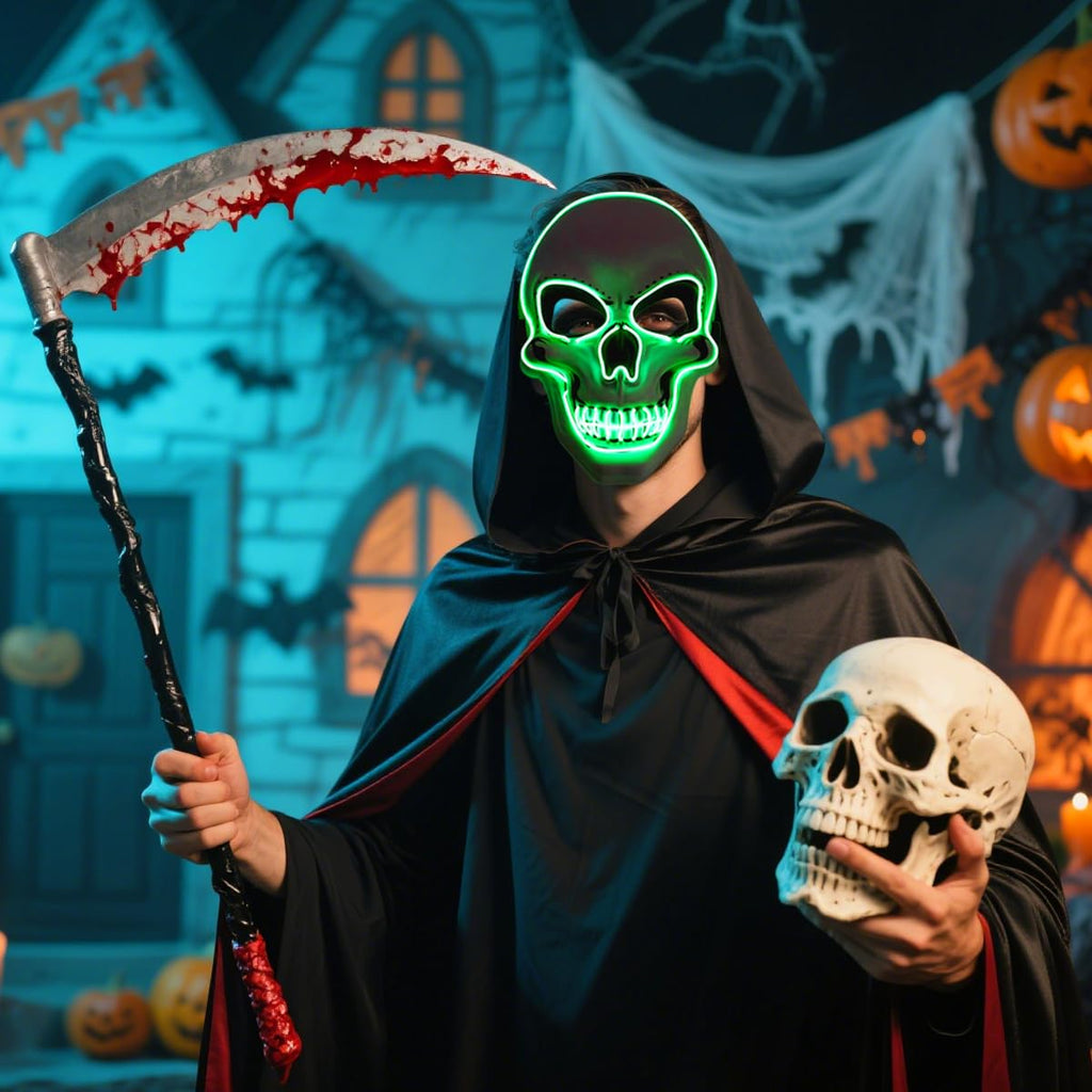 OceanWings Halloween LED Light-Up Mask - Blue Glowing Scary Skull Mask with 4 Modes, Adjustable Strap, for Parties