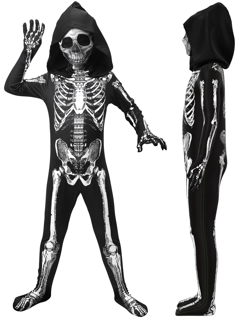 ODESABO Kids Skeleton Costume – Hooded Jumpsuit with Mask for Halloween