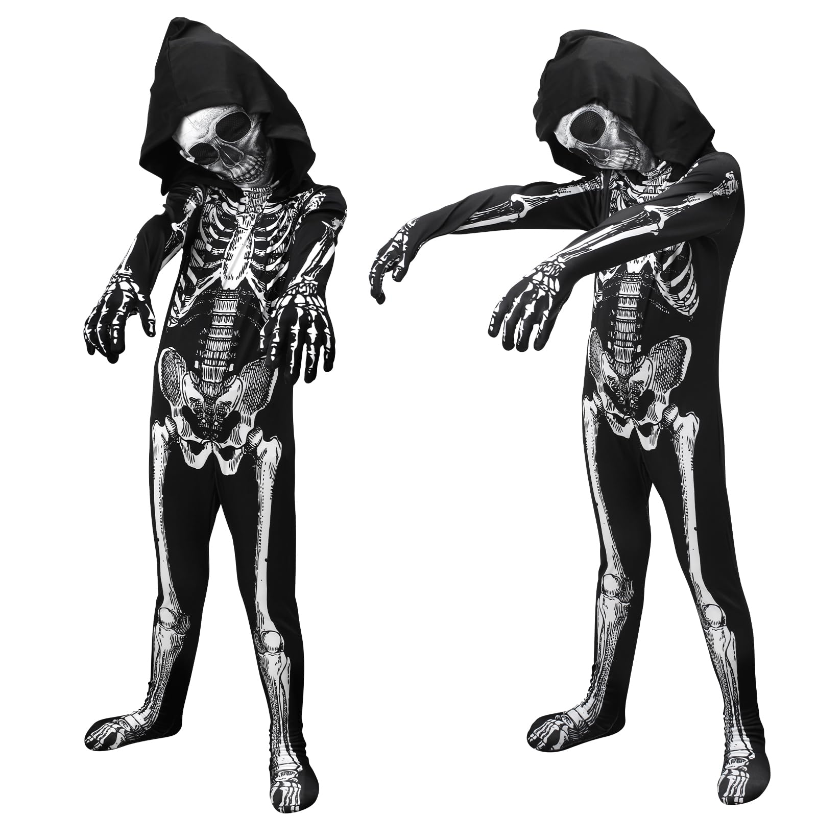 ODESABO Kids Skeleton Costume – Hooded Jumpsuit with Mask for Halloween