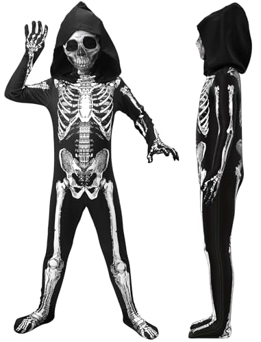 ODESABO Kids Skeleton Costume – Hooded Jumpsuit with Mask for Halloween