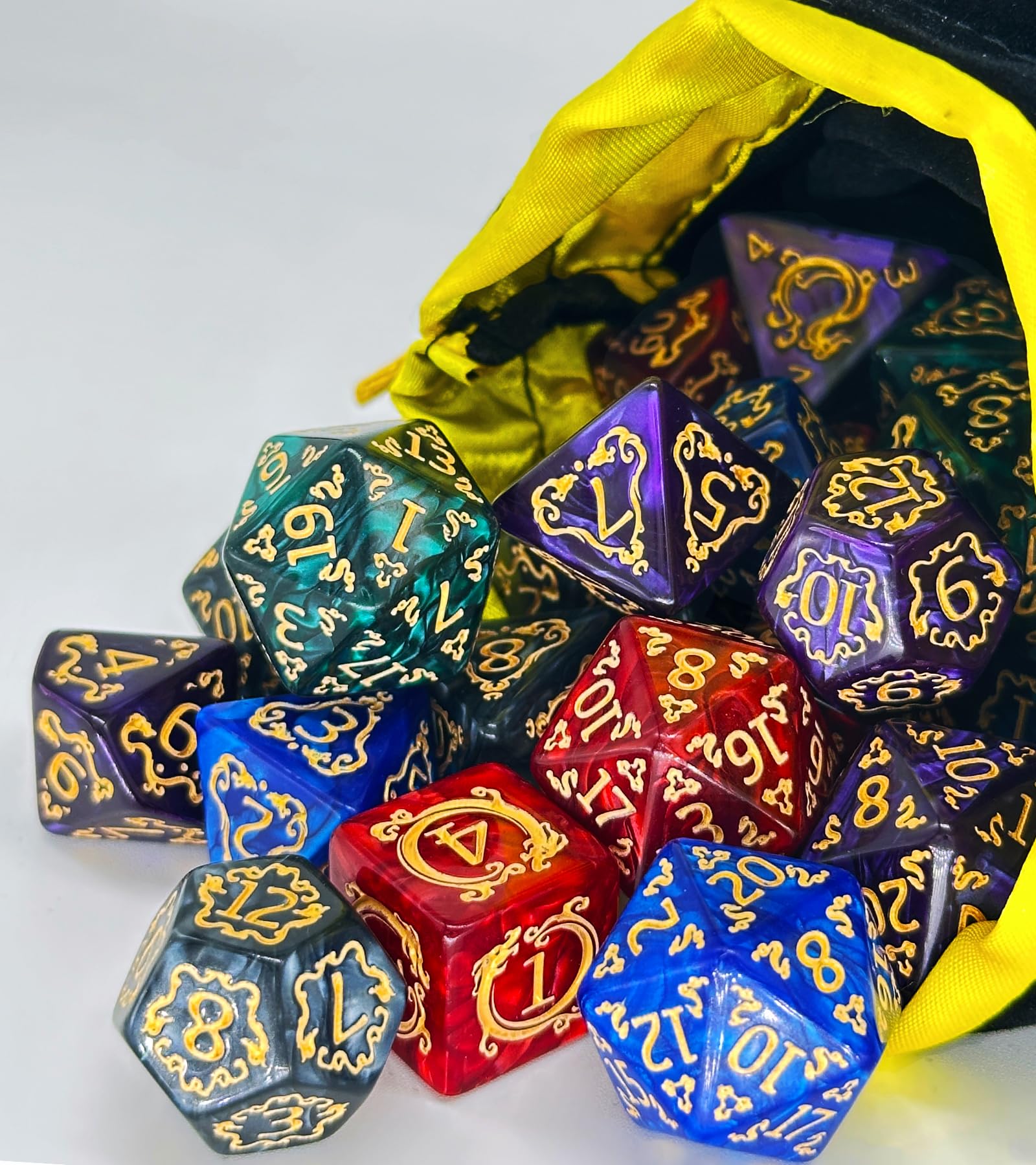 ODINROLL 42 Polyhedral Dice Set: 6 Full Sets with D20, D12, D10, D8, D6, D4 and Storage Pouch