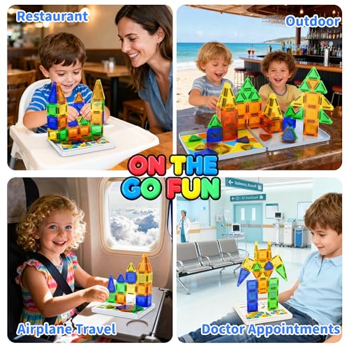 Odjas Mini Magnetic Tiles Travel Set 42-Piece with Case, Bonus Sudoku Game, STEM Learning Toy for On-the-Go Play