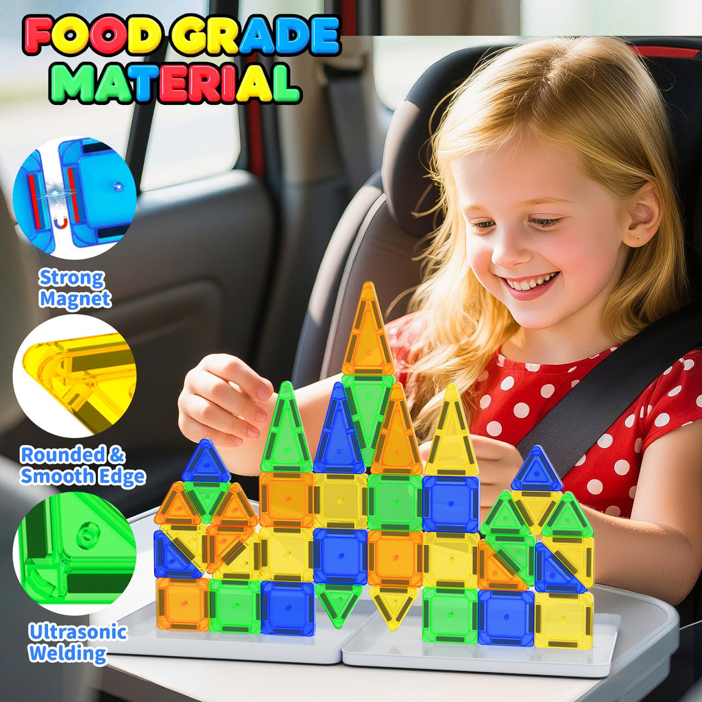Odjas Mini Magnetic Tiles Travel Set 42-Piece with Case, Bonus Sudoku Game, STEM Learning Toy for On-the-Go Play