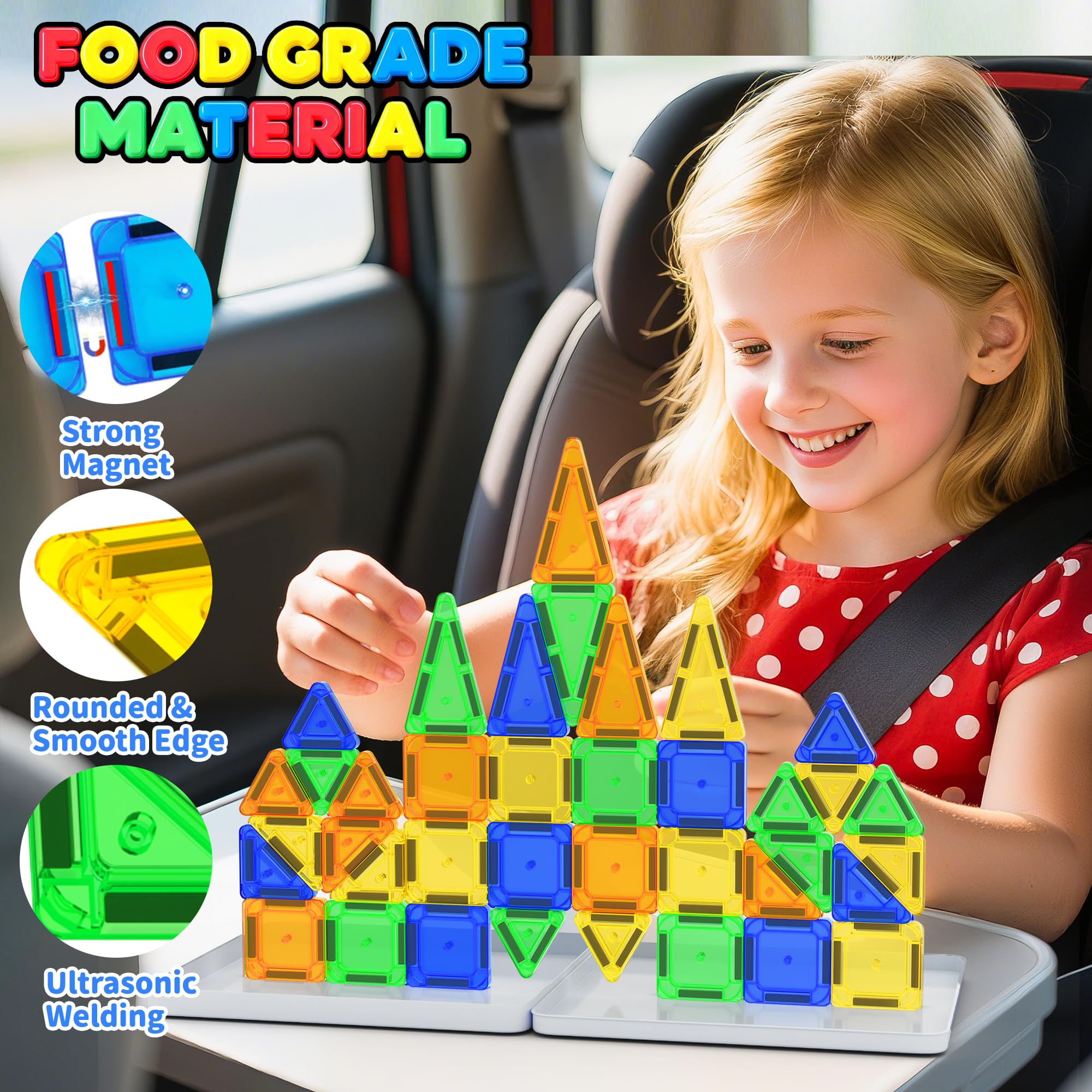 Odjas Mini Magnetic Tiles Travel Set 42-Piece with Case, Bonus Sudoku Game, STEM Learning Toy for On-the-Go Play